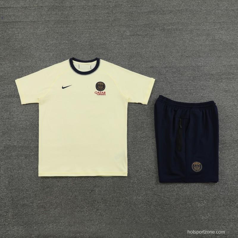 23/24 PSG Light Yellow Cotton Short Sleeve Jersey+Shorts