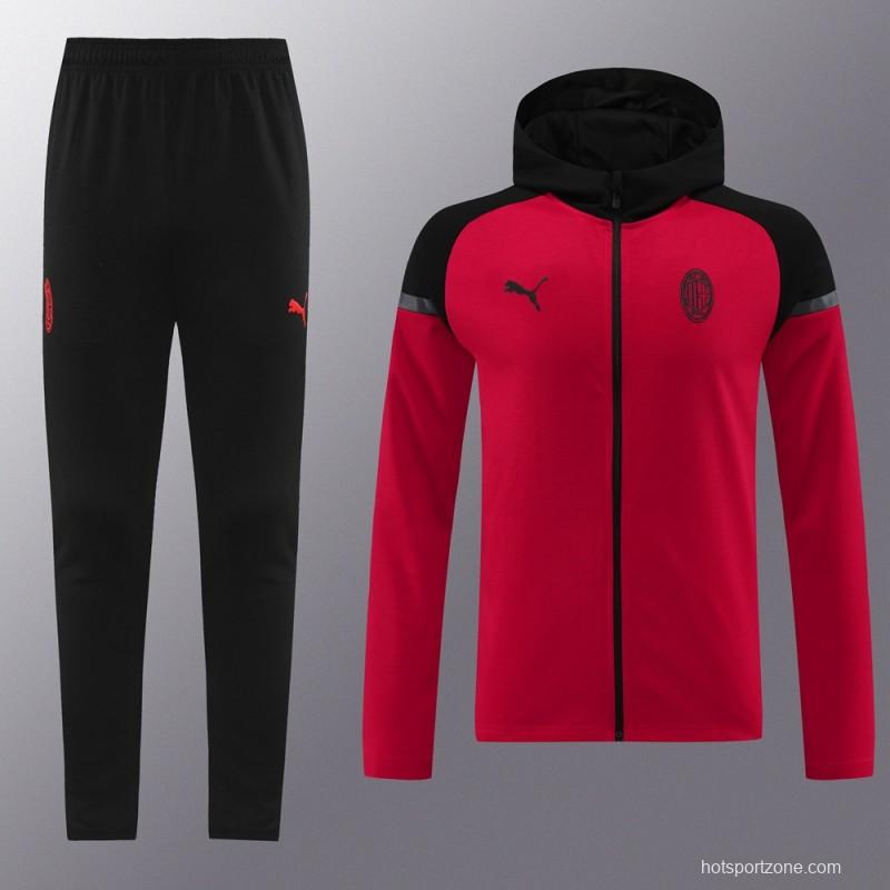 24/25 AC Milan Red/Black Hoodie Full Zipper Jacket +Long Pants