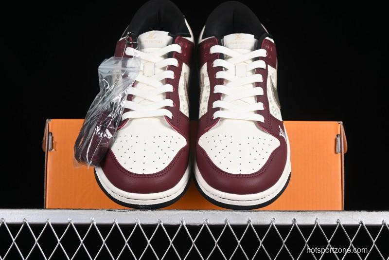 Louis Vuitton x Nike Dunk Low Customized Sneakers - Burgundy with Silver Swoosh SB Low Top Casual Skate Shoes - FC1688-188