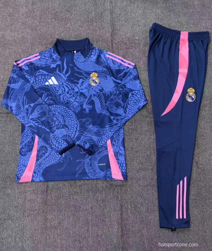 24/25 Kids Real Madrid Navy Dragon Half Zipper Jacket+Long Pants