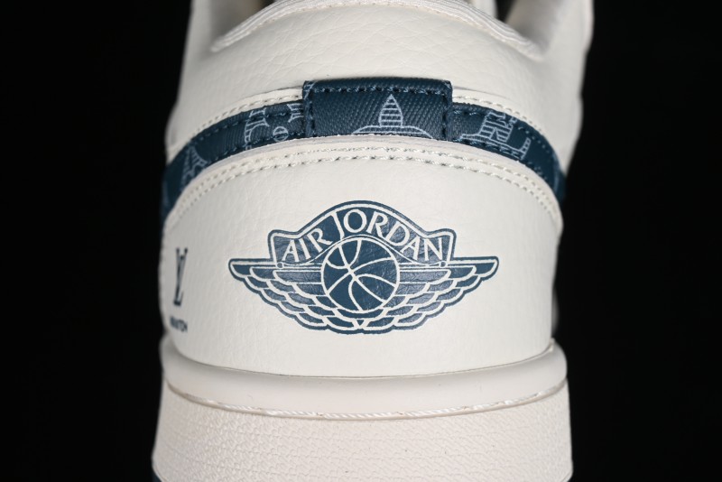 Nike Air Jordan 1 Low LV Collaboration - White with Blue Swoosh Custom Casual Sneakers - WG8850-005