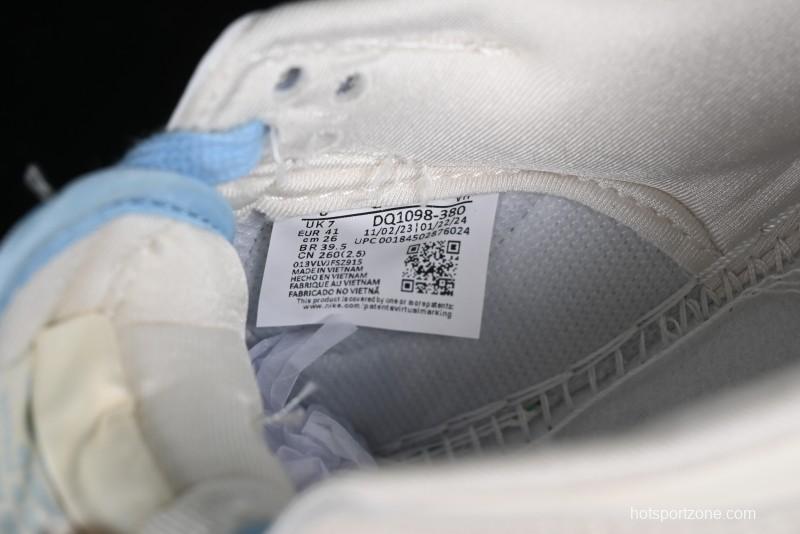 Stussy x Nike Dunk Low SB Skate Shoes in White with Light Blue Swoosh - DQ1098-380