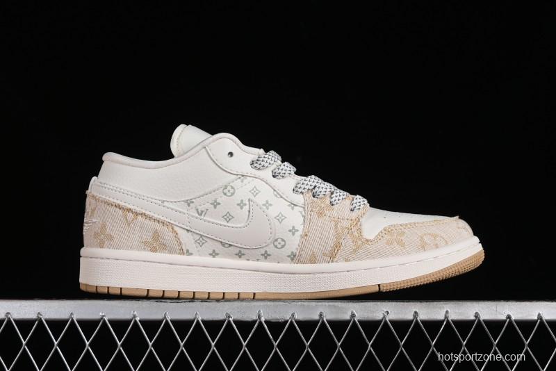 Nike Air Jordan 1 Low LV Collaboration Denim Khaki Customized Casual Sneakers - SJ9950-002