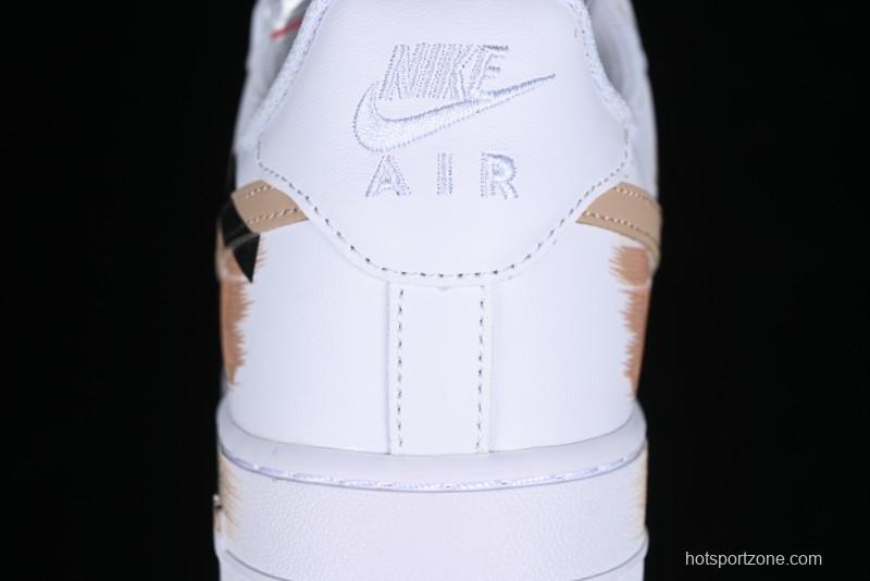 Nike Air Force 1 '07 Low Casual Sneakers with Anime-Inspired Hand-Painted Design, Broken Swoosh Shadow Effect, Brown/Black - CW2288-111