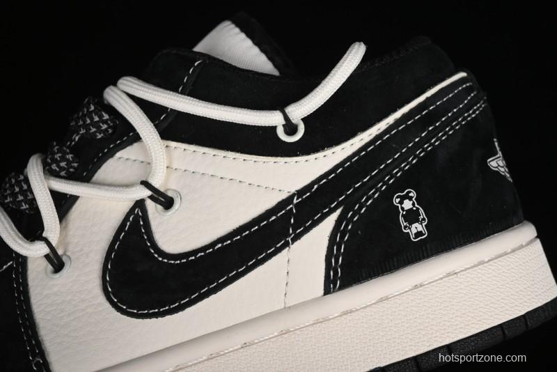 Nike Air Jordan 1 Low AJ1 x Violent Bear Collaboration - Black Beige Mark Line Custom Retro Basketball Shoes - SJ9950-013