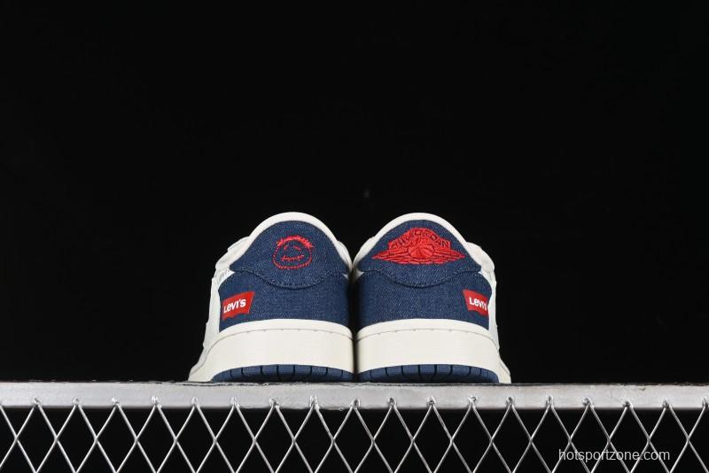 Nike Travis Scott x Fragment Design x Air Jordan 1 Low OG SP AJ1 Levi's Collaboration - White Blue Canvas Low Top Casual Sneakers - JH6088-605