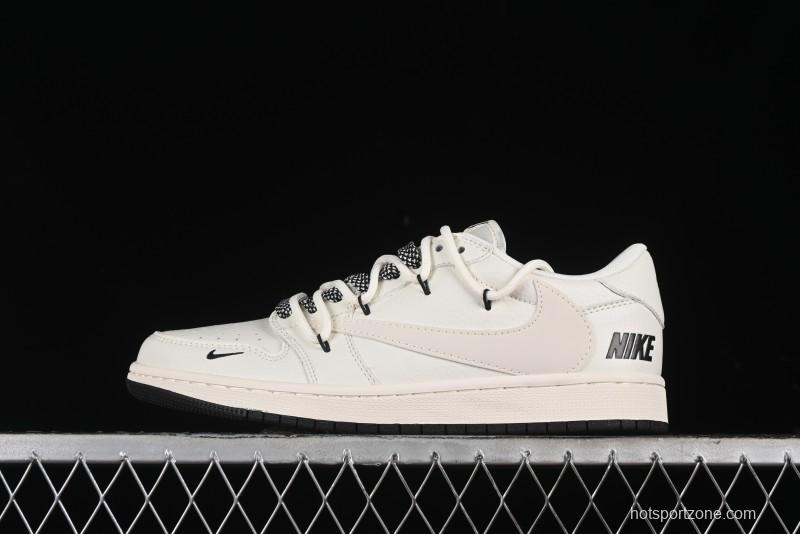 Nike Travis Scott x Fragment Design x Air Jordan 1 Low OG SP AJ1 Black Logo Drawstring Low-Top Casual Sneakers - SJ0086-135
