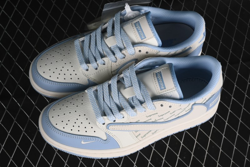Nike Travis Scott x Fragment Design x Air Jordan 1 Low OG SP AJ1 Supreme Collaboration - White Blue Lettering Low Top Casual Sneakers - XY2688-116