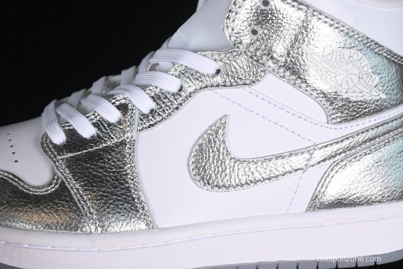 Nike Air Jordan 1 Mid Basketball Shoes Silver White - FN5031-100