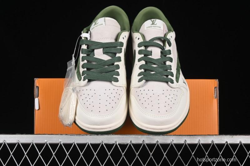 Nike Travis Scott x Fragment Design x Air Jordan 1 Low OG SP AJ1 LV Collaboration - Grey Green Pigskin Low Top Casual Sneakers - XZ1268-005