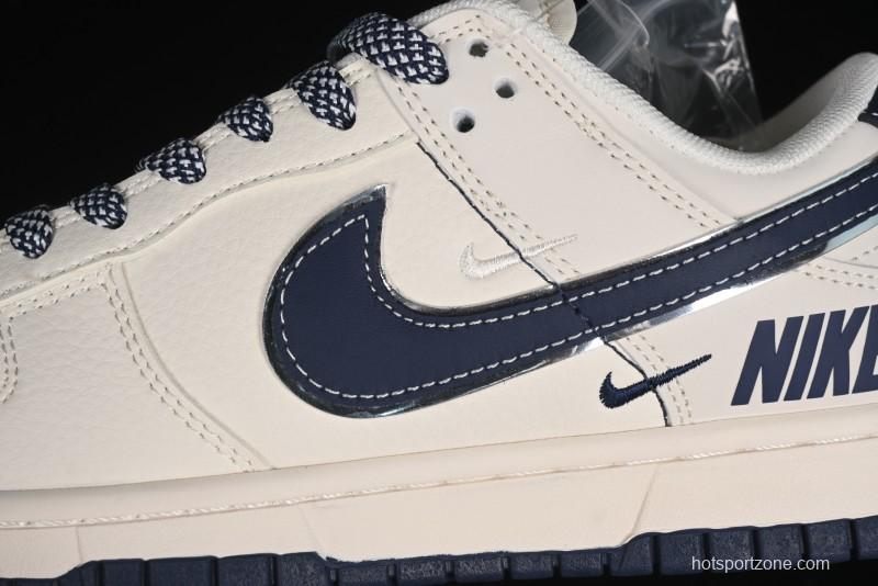 Nike SB Dunk Low Anniversary Premium Custom Low-Top Casual Skate Shoes in Off-White with Navy Blue Swoosh - SJ1089-004