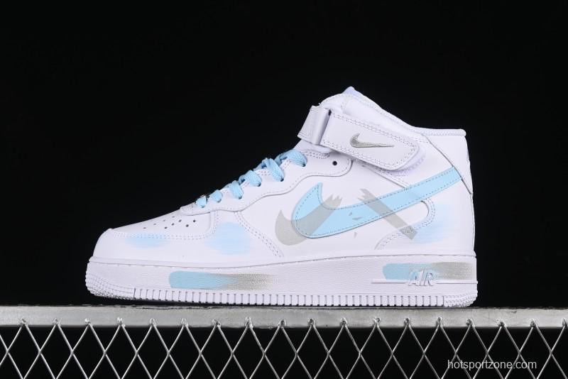 Nike Air Force 1 '07 Mid Light Blue Hand-Painted Cracked Three Stripes Shadow Mid-Top Casual Sneakers - CW2289-111