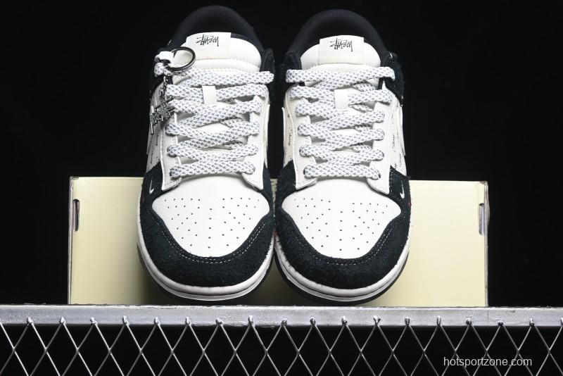 Nike SB Dunk Low Stussy Collaboration - Black White Mini Swoosh Anniversary Custom Low-Top Casual Skate Shoes - XY1688-017