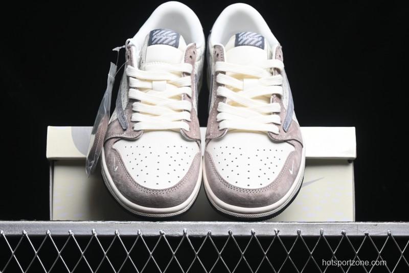 Nike Travis Scott x Fragment Design x Air Jordan 1 Low OG SP AJ1 OF Collaboration - Latte Grey Low Top Casual Sneakers - SJ2068-109