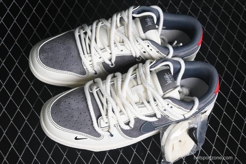 Nike SB Dunk Low Stussy Collaboration - Lace-Up Grey White Grey Check Anniversary High-End Custom Low-Top Casual Skate Shoes - YX5066-207