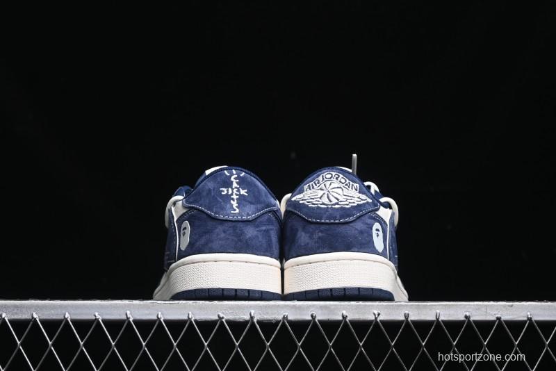 Nike Travis Scott x Fragment Design x Air Jordan 1 Low OG SP AJ1 Bape Collaboration - Klein Blue Lace-Up Low-Top Casual Sneakers - XS3186-201