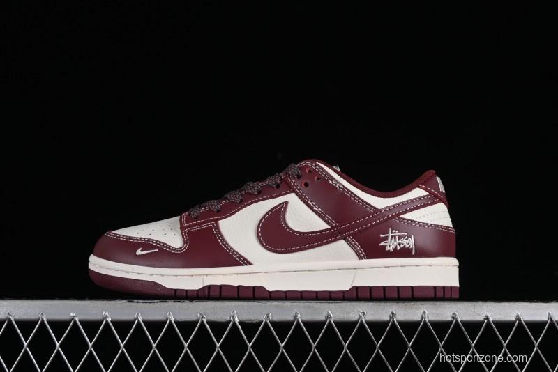 Nike SB Dunk Low Stussy Collaboration - Burgundy Starry Sky Anniversary High-End Custom Low-Top Casual Skate Shoes - BB9898-001