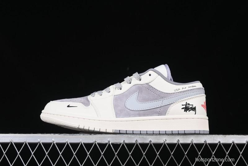 Nike Air Jordan 1 Low Stussy Collaboration - Retro Basketball Shoes in Light Grey - SJ9950-044