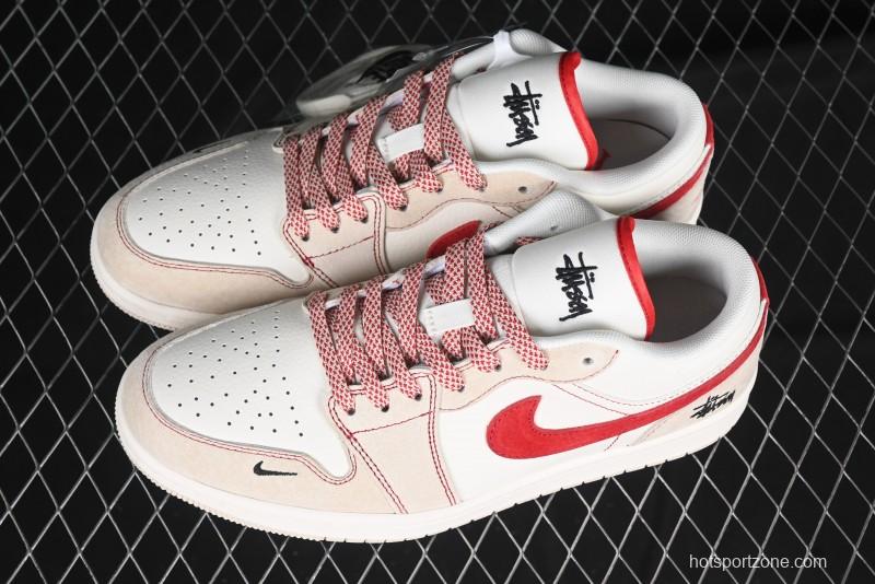 Nike Air Jordan 1 Low Stussy Collaboration Khaki Red Hook Retro Basketball Shoes - SJ9950-040
