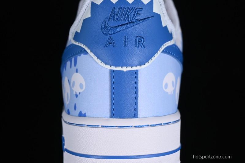 Nike Air Force 1 '07 Low Witch Collaboration Custom Leather Sneakers with Skull Design and Gradient White-Blue - CW2288-111