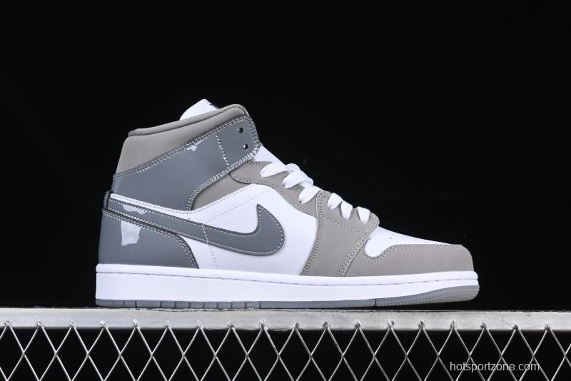 Nike Air Jordan 1 Mid AJ1 High-Top Basketball Shoes in White Grey Patent Leather - HF3216-100