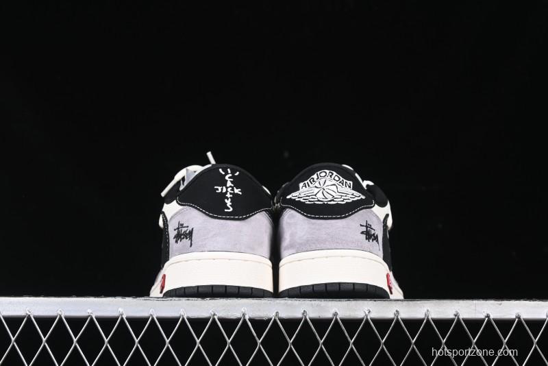 Nike Travis Scott x Fragment Design x Air Jordan 1 Low OG SP AJ1 Stussy Collaboration - Black Hook Dual-Tone Drawstring Low-Top Casual Sneakers - SJ0086-139