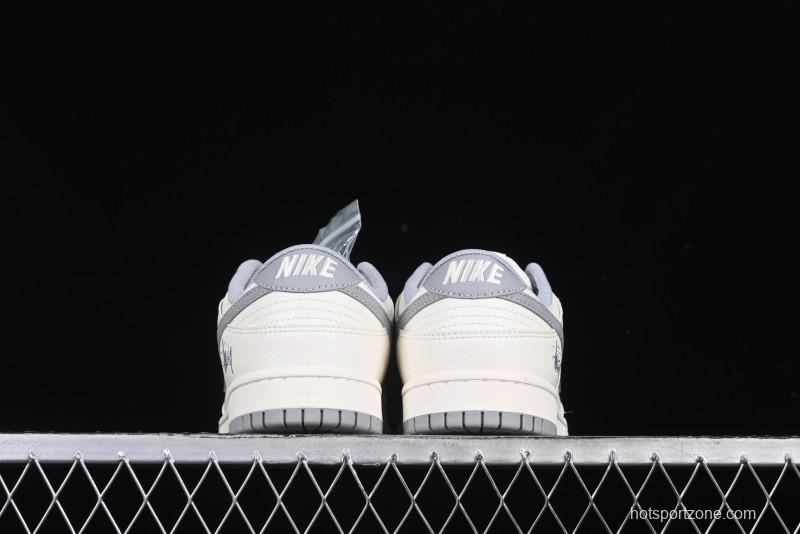 Nike SB Dunk Low Stussy Collaboration Light Grey Brushed Swoosh Anniversary Custom Low-Top Casual Sneakers - XX2025-608
