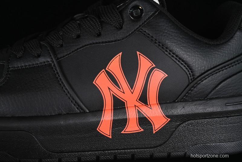 NY Yankees Black Leather Sneakers – Bold Orange Logo Edition