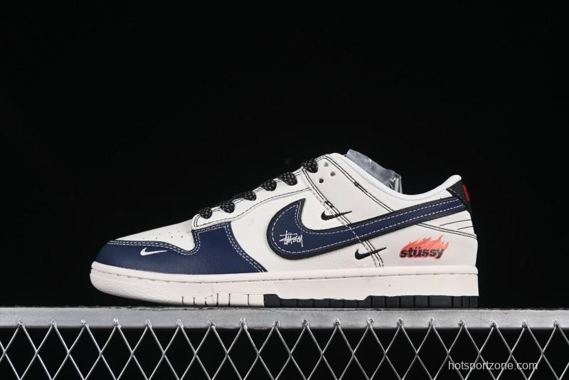 Nike SB Dunk Low Stussy Collaboration Beige Blue Flame Anniversary Custom Low-Top Casual Skate Shoes - ZH2598-226