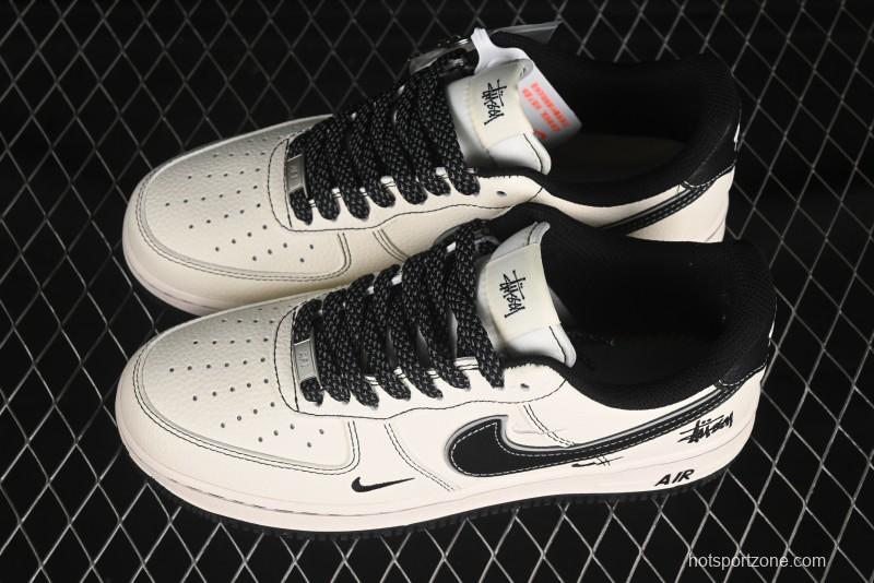 Nike Air Force 1'07 Low Stussy Collaboration Black Swoosh Casual Sneakers - HH7518-059