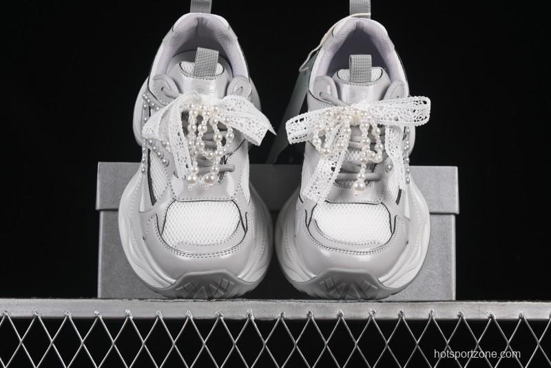 GG-CC Lace Pearl Chain Casual Platform Dad Shoes - 250310 Silver