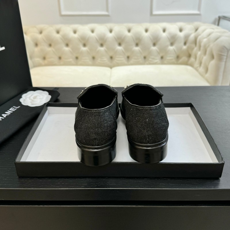 2025 Women Chanel Black Leather Canvas Loafers KFY00310