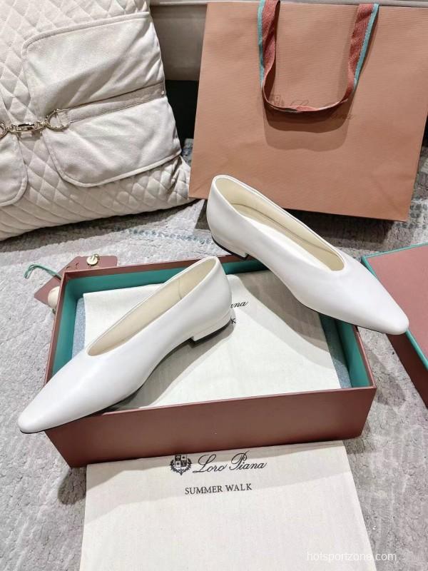 2025 Women LP White Leather Ballet Flats LY00320