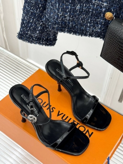 2025 Women Louis Vuitton Black Leather High Heel Sandals
