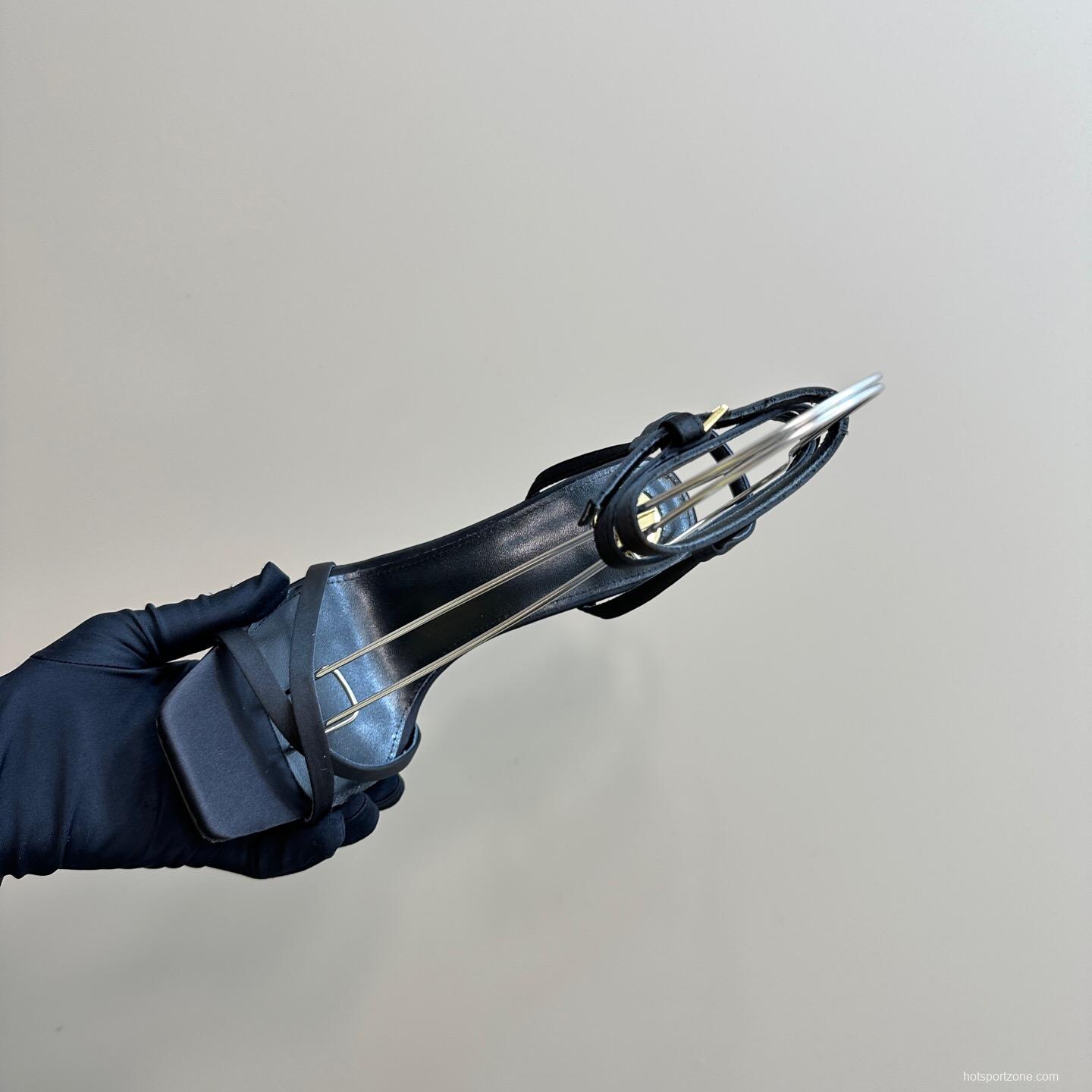 2025 Women Yves Saint Laurent Black Satin High Heel Sandals KFY00290