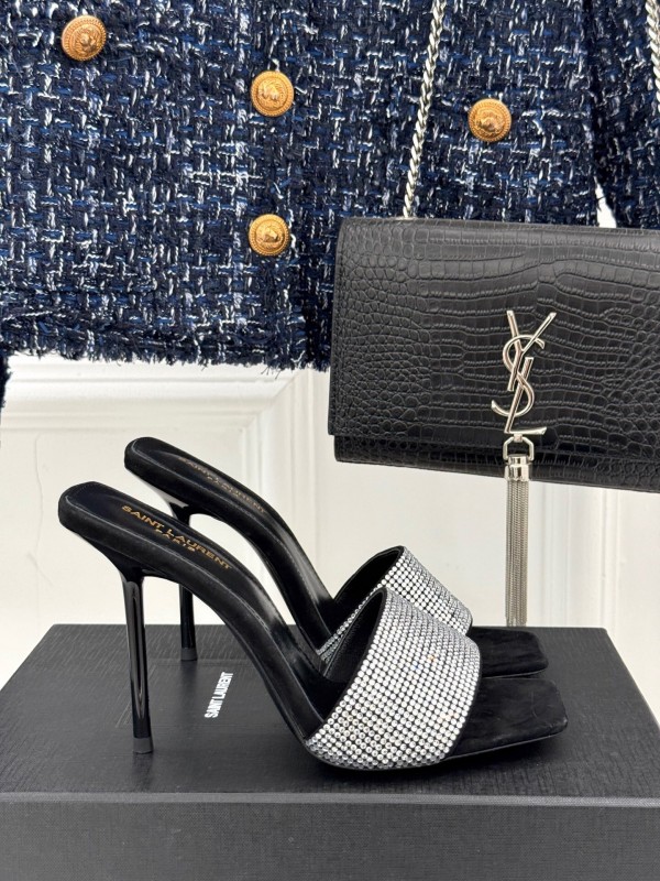 2025 Women Yves Saint Laurent Black Silver Crystal Leather Heeled Slippers LY00300