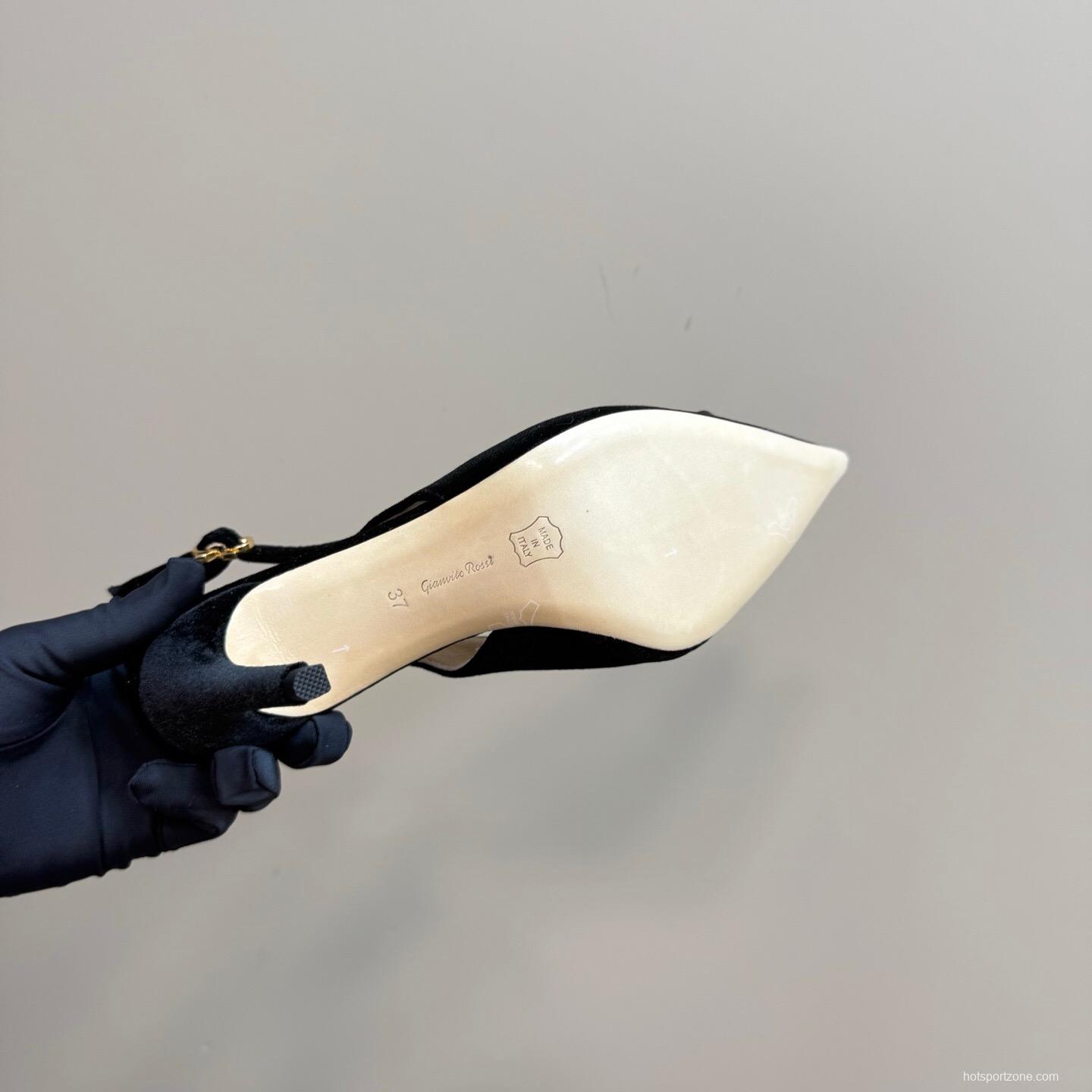 2025 Women Gianvito Rossi Black Velvet Slingback Heels Gemstone Decoration KFY00300