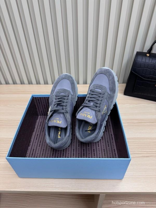 2025 Women Prada Grey Suede Leather Sneakers LY00300