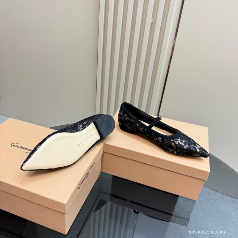 2025 Women Gianvito Rossi Black Lace Leather Mary Jane KFY00260
