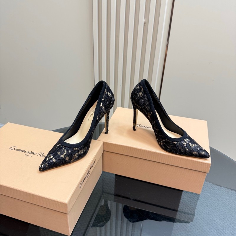2025 Women Gianvito Rossi Black Lace Leather High Heel KFY00280
