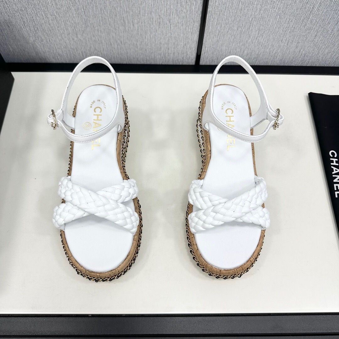 2025 Women Chanel White Leather Wedge Sandals