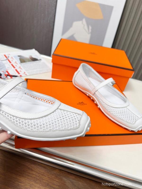 2025 Women Hermès White Leather Mesh Mary Jane LY00230