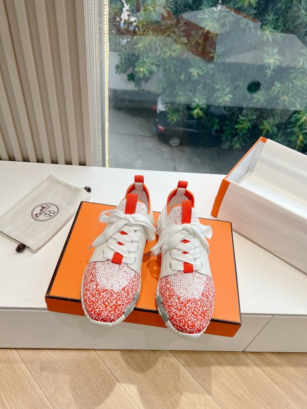 2024 Unisex Hermès white orange leather knit sneakers