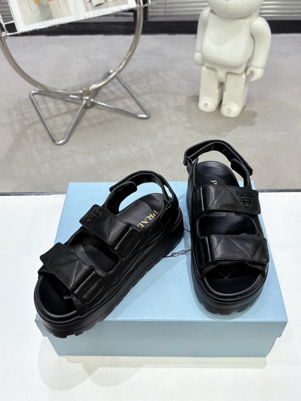 2025 Women Prada Black Leather Sandals
