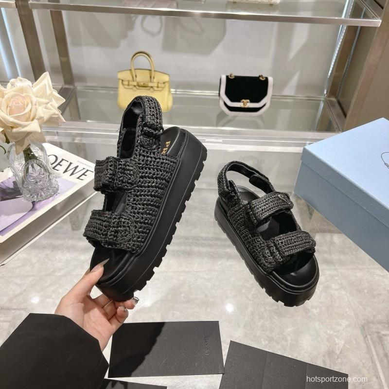 2025 Women Prada Black Woven Leather Sandals LY