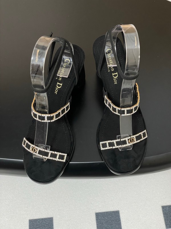2025 Women Dior Black Suede Crystal Embellished Strap Sandals
