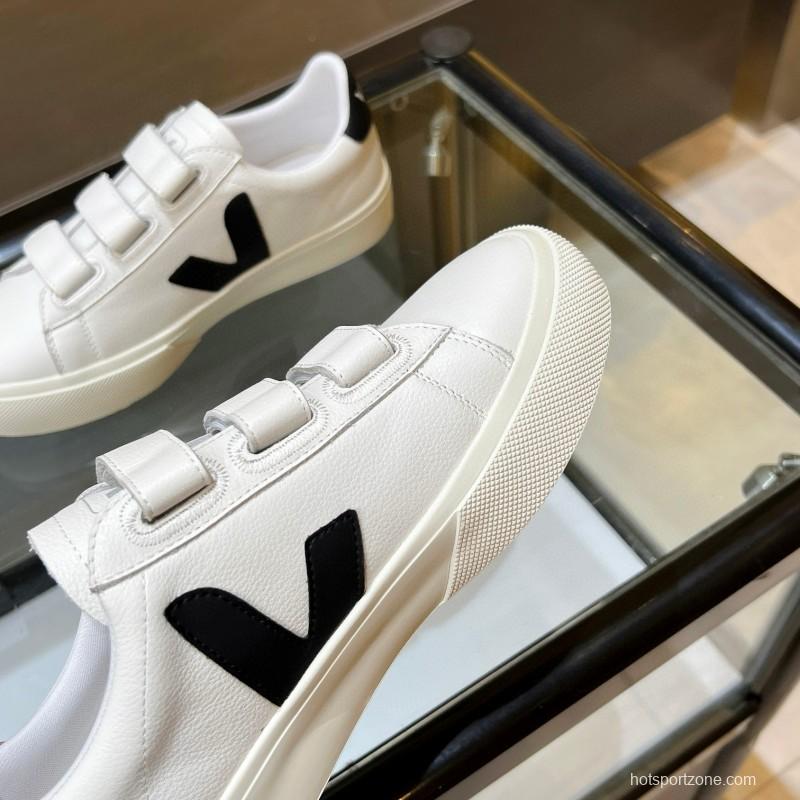 2025 Unisex VEJA White Black Leather Canvas Sneakers Velcro MJ00240(W/M)