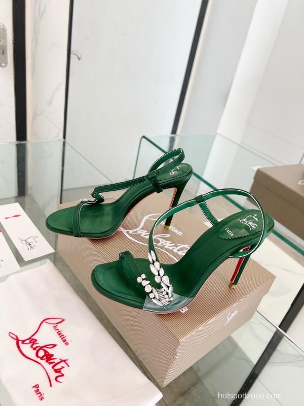 2025 Women Christian Louboutin Green Silk High Heel Crystal Sandal LY00300
