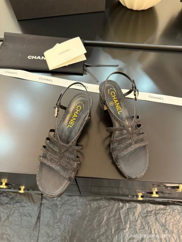 2025 Women Chanel Black Leather Sandals KFY00289