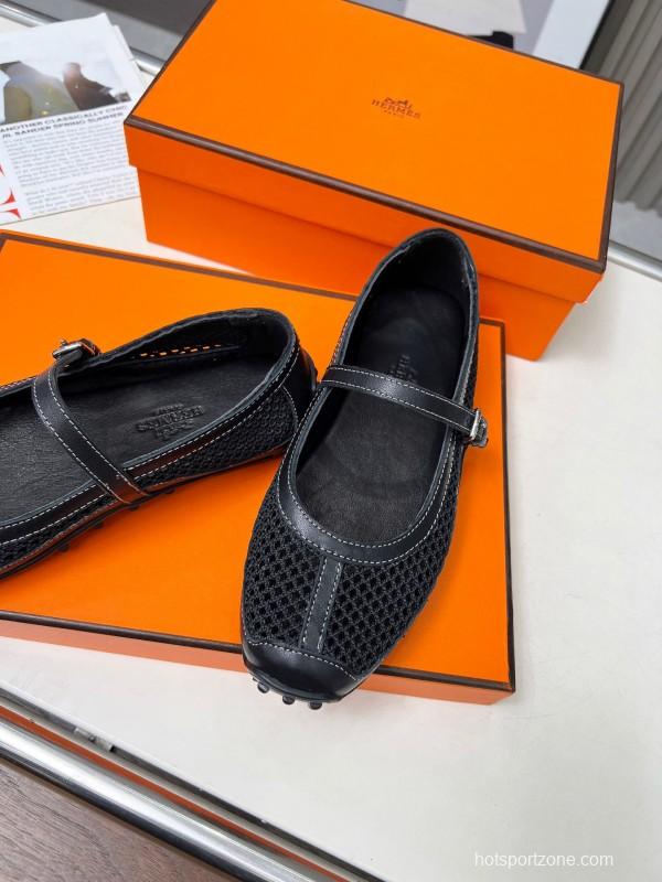2025 Women Hermès Black Leather Mesh Mary Jane LY00230